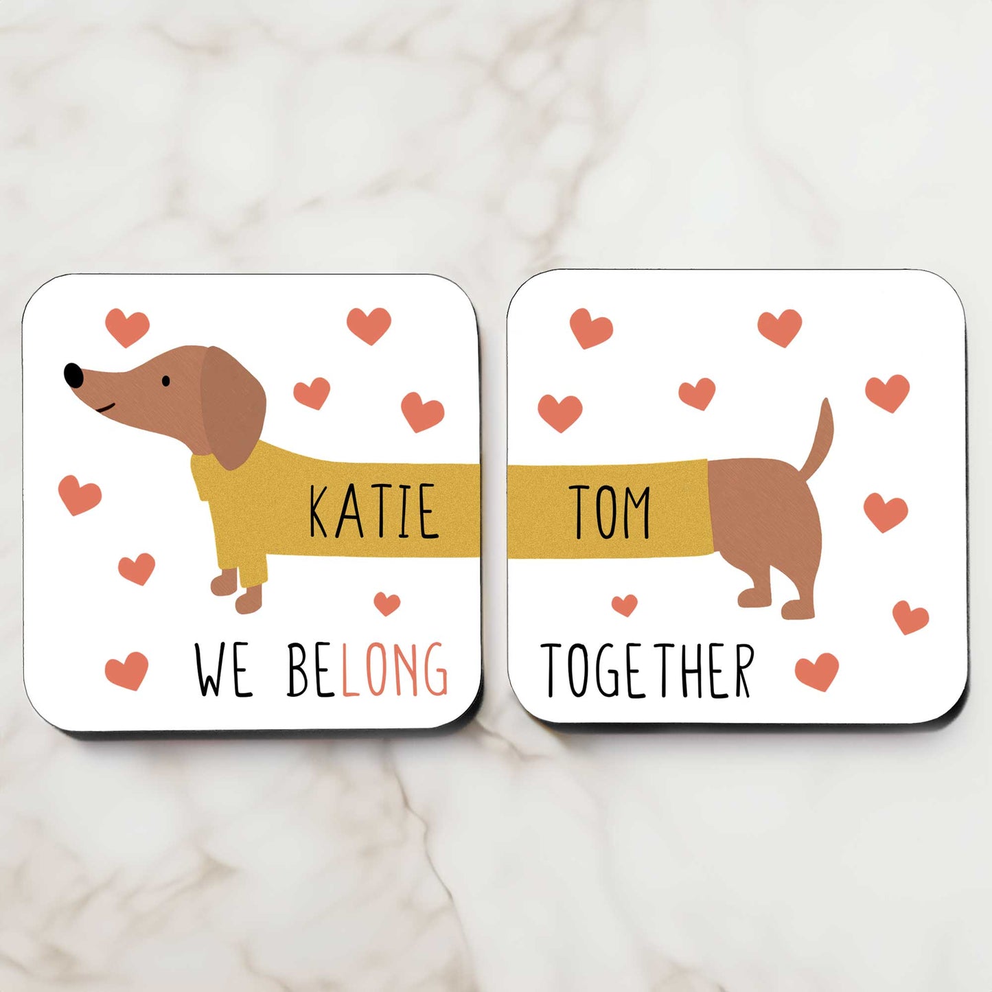 Personalised 'We Be-long Together' Sausage Dog Coasters