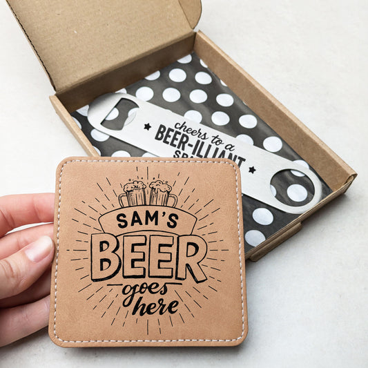 Personalised Sparky Bottle Opener & Coaster Gift Set