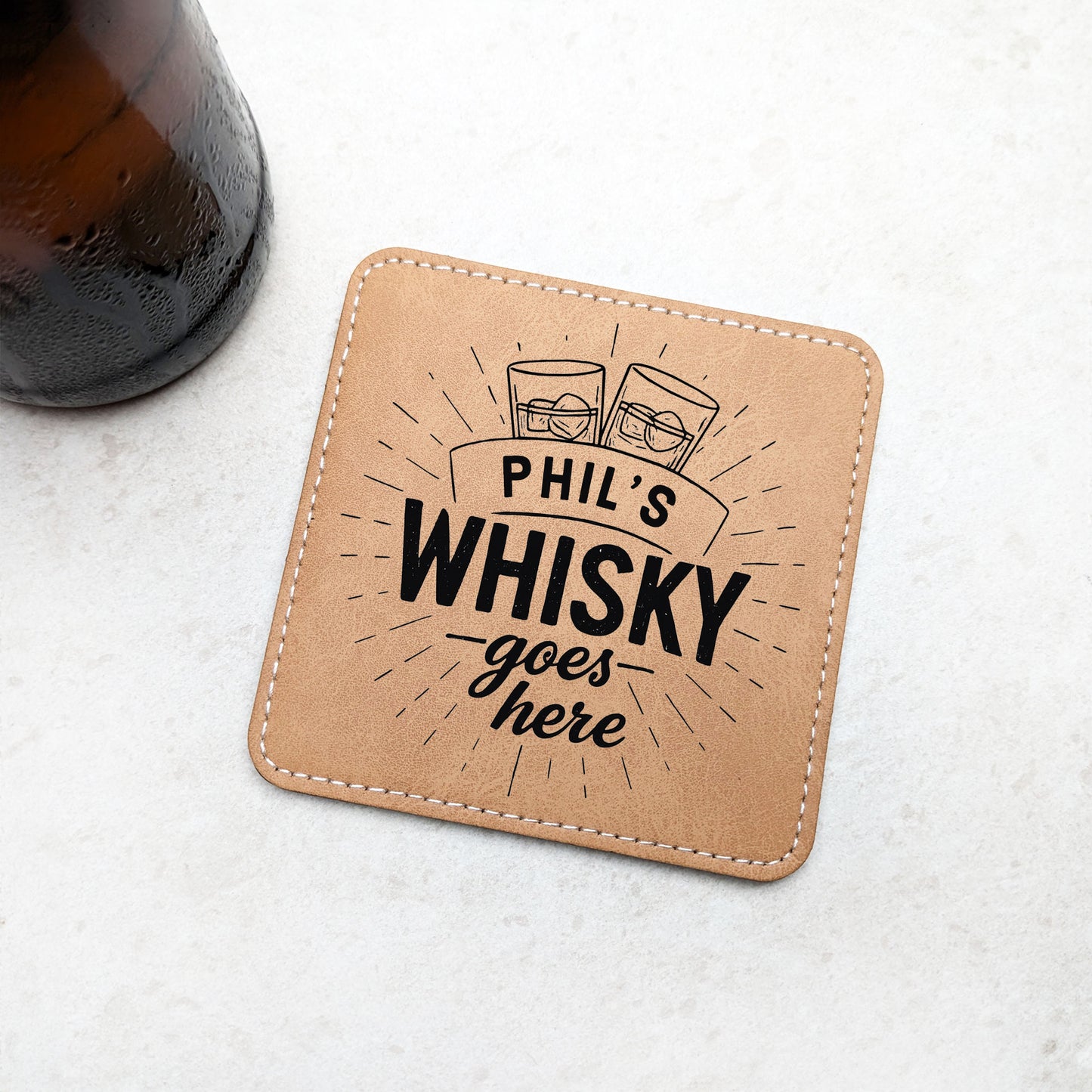Personalised Whisky Coaster: Tan PU Leather