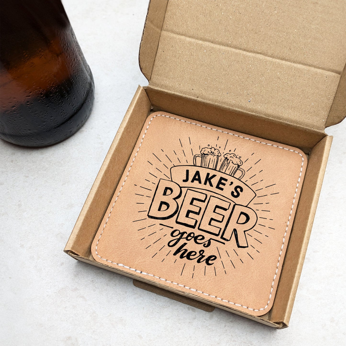 Personalised Beer Coaster: Tan PU Leather