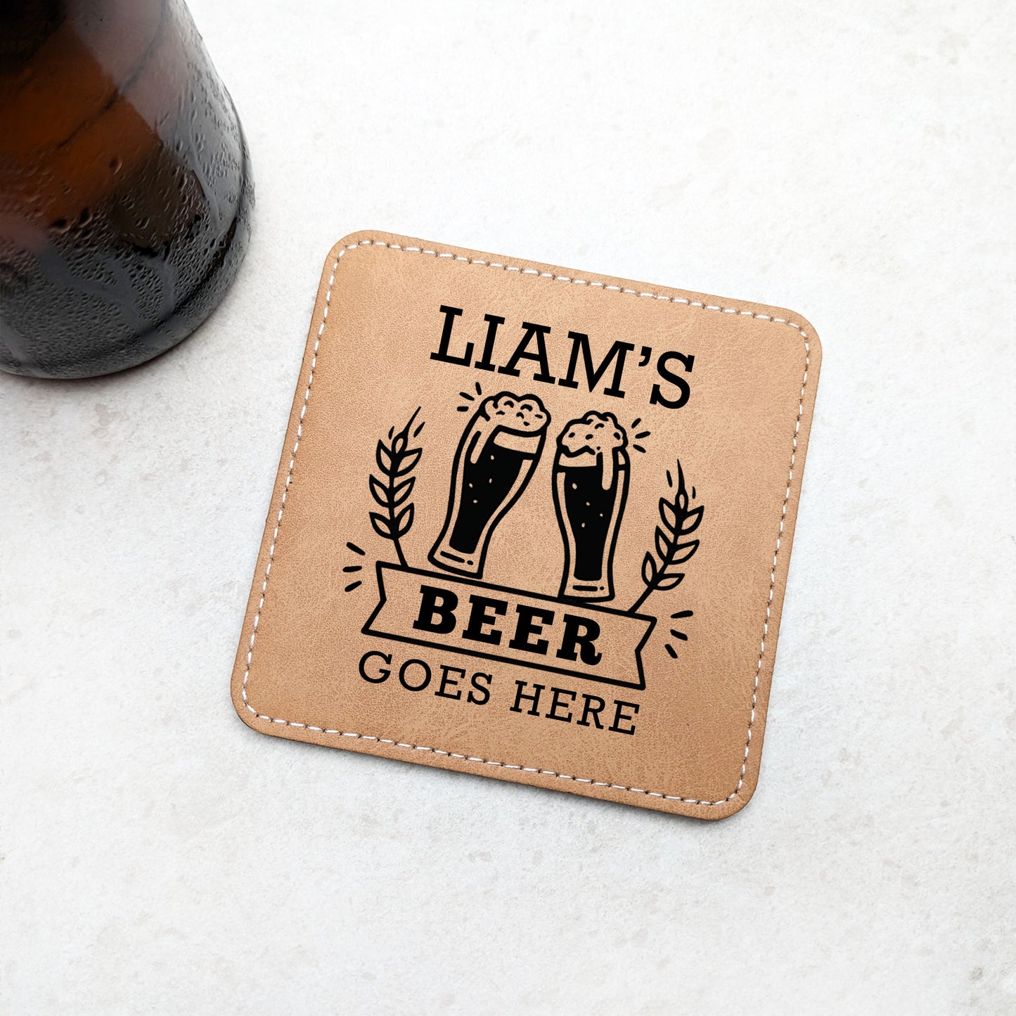 Personalised Beer Coaster: Tan PU Leather