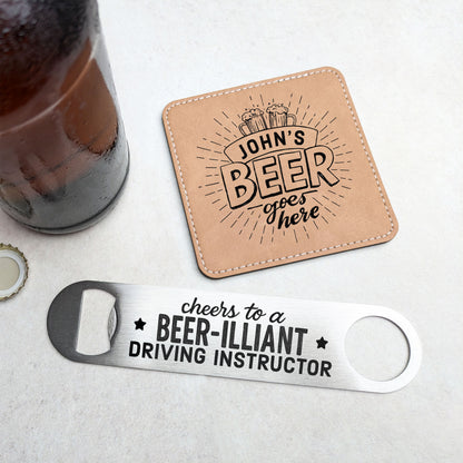 Personalised Driving Instructor Bottle Opener & Coaster Gift Set