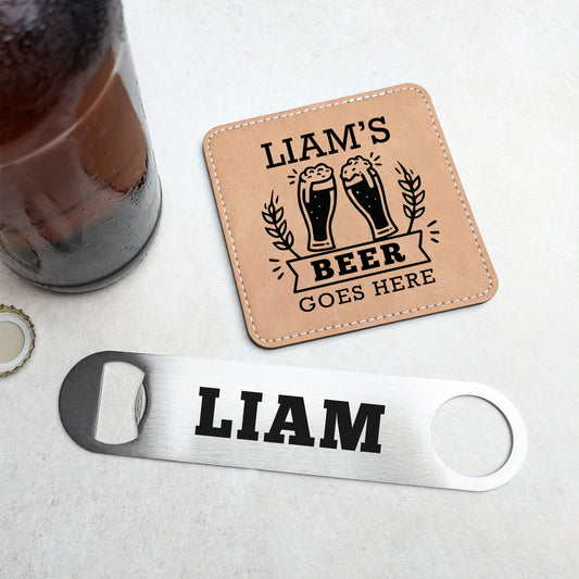 Personalised Name Bottle Opener & Coaster Gift Set