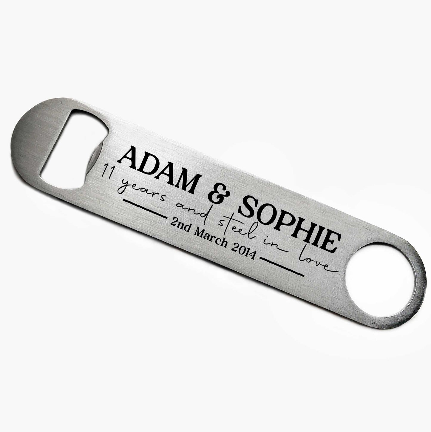 Personalised 11 Years & Steel In Love Bottle Opener